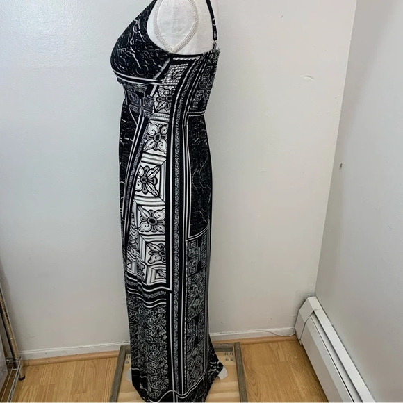 Maxi Dress Y2K Medium Empire V Neck‎ Black Print Spaghetti Strap Flowy Stretch - Picture 5 of 14